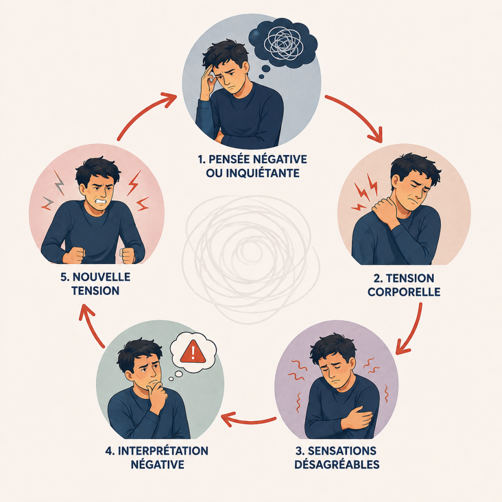 La voix intérieure négative influence le corps et les sensations corporelles viennent à leur tour renforcer notre interprétation.